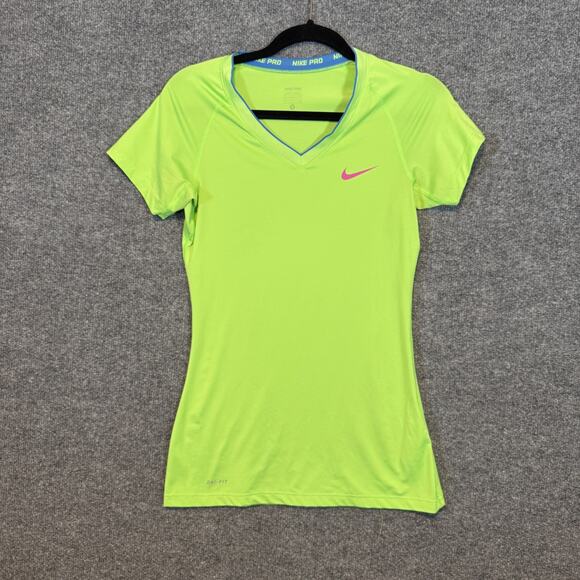 Nike Pro Shirt Women Small Yellow Short Sleeve Tshirt Swoosh Performance Stretch - Picture 1 of 9